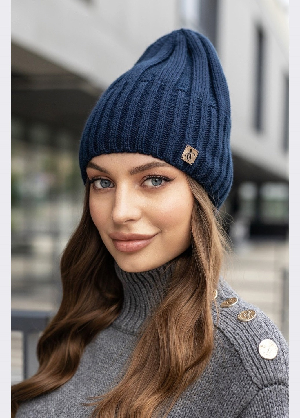 демисезонная шапка из шерсти с акрилом темно-синяя Dressa (266622374)