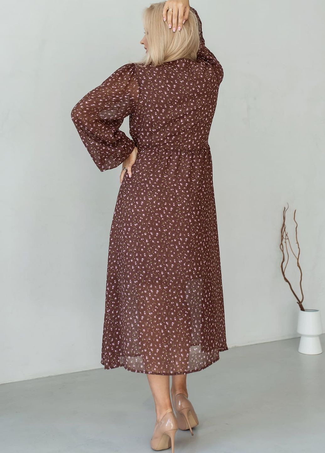 Коричневое кэжуал коричневое платье шифон на пуговицах Maritel'