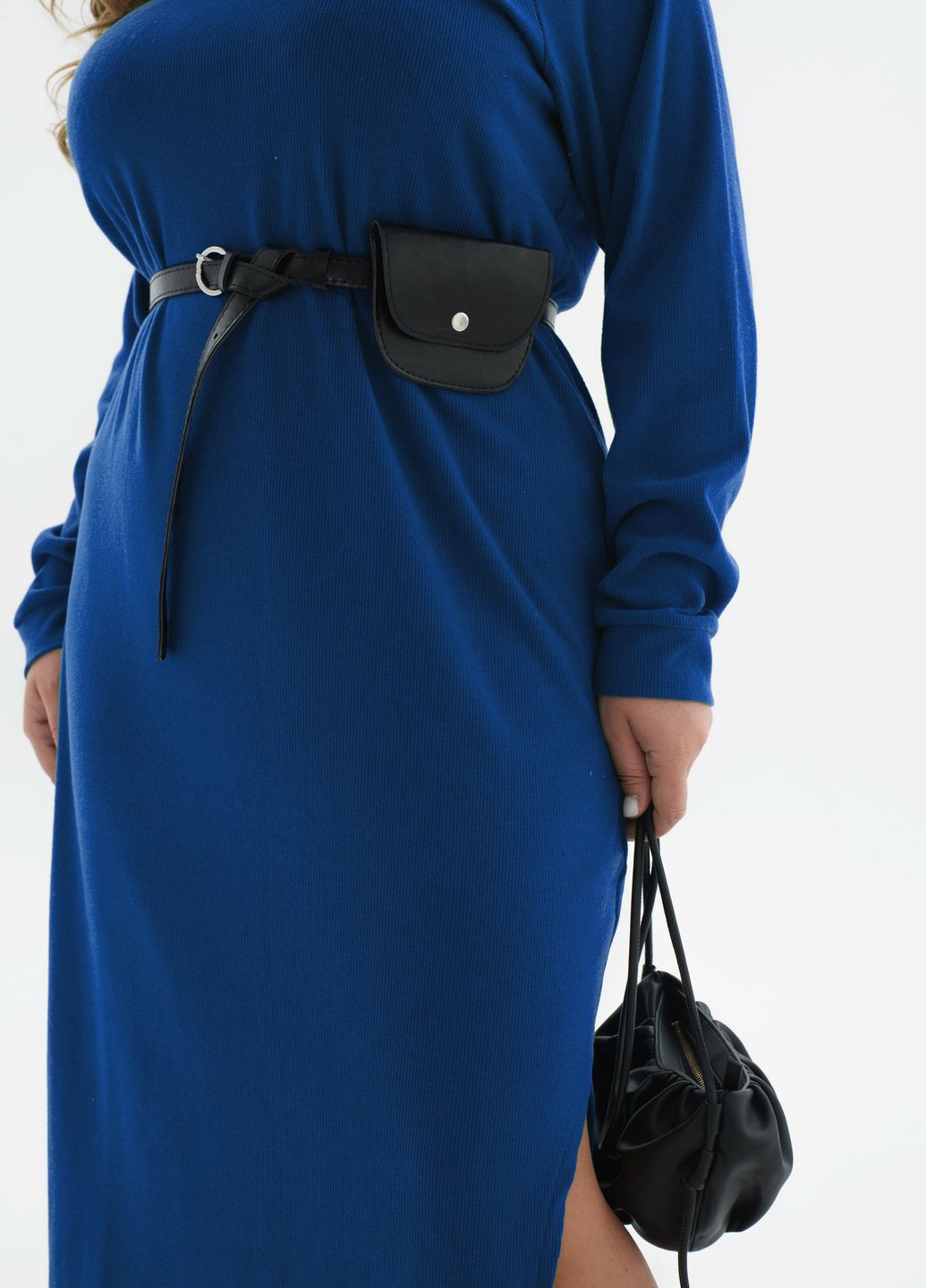 Синее повседневный теплое ангоровое платье с поясом в подарок Minova однотонное