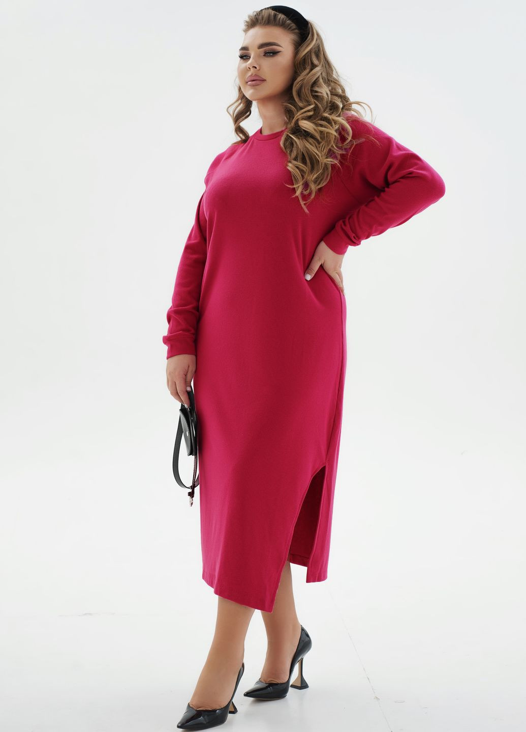 Малинова повсякденний тепла ангорова сукня із поясом в подарунок Minova однотонна