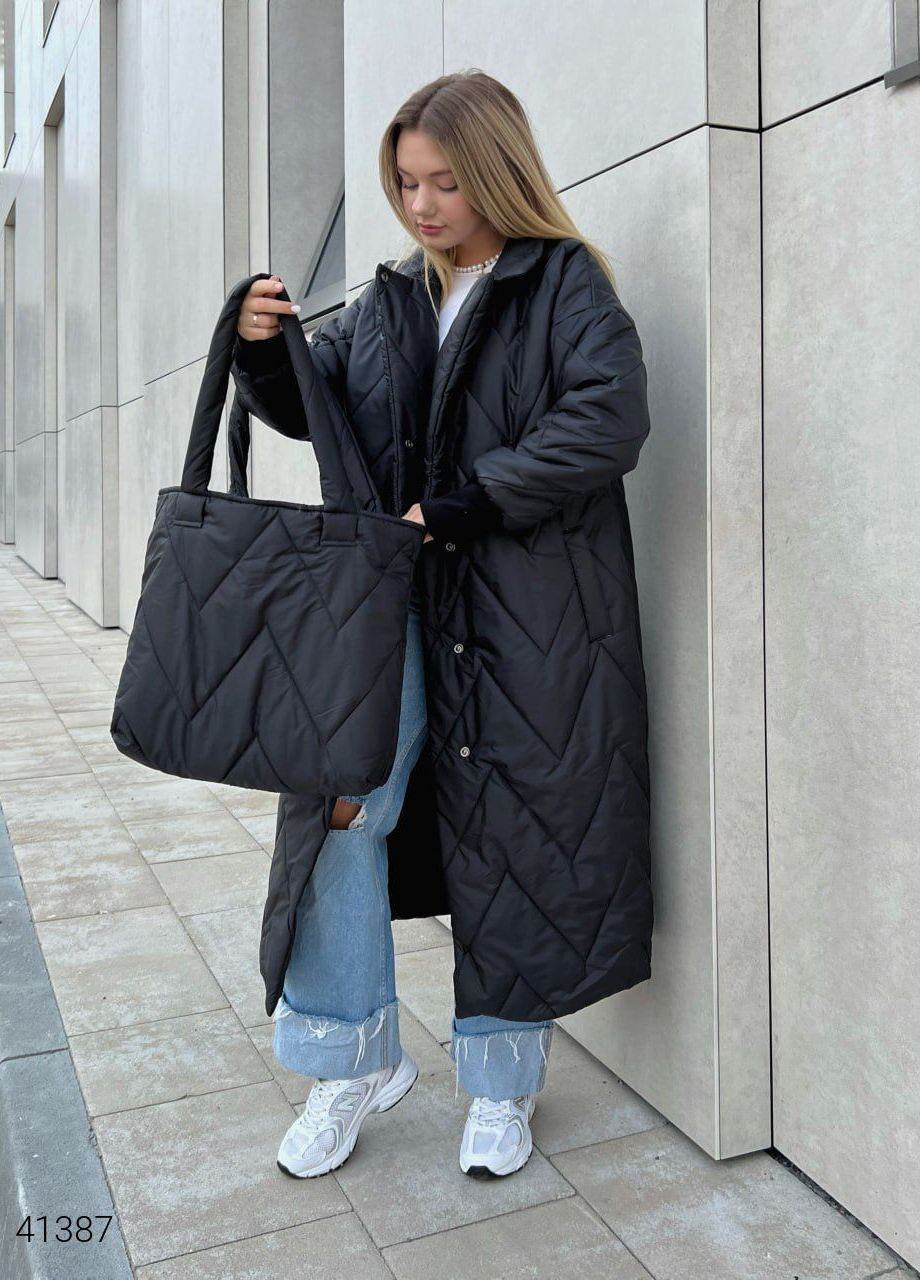 Чорне демісезонне Пальто стьобане із сумкою Liton