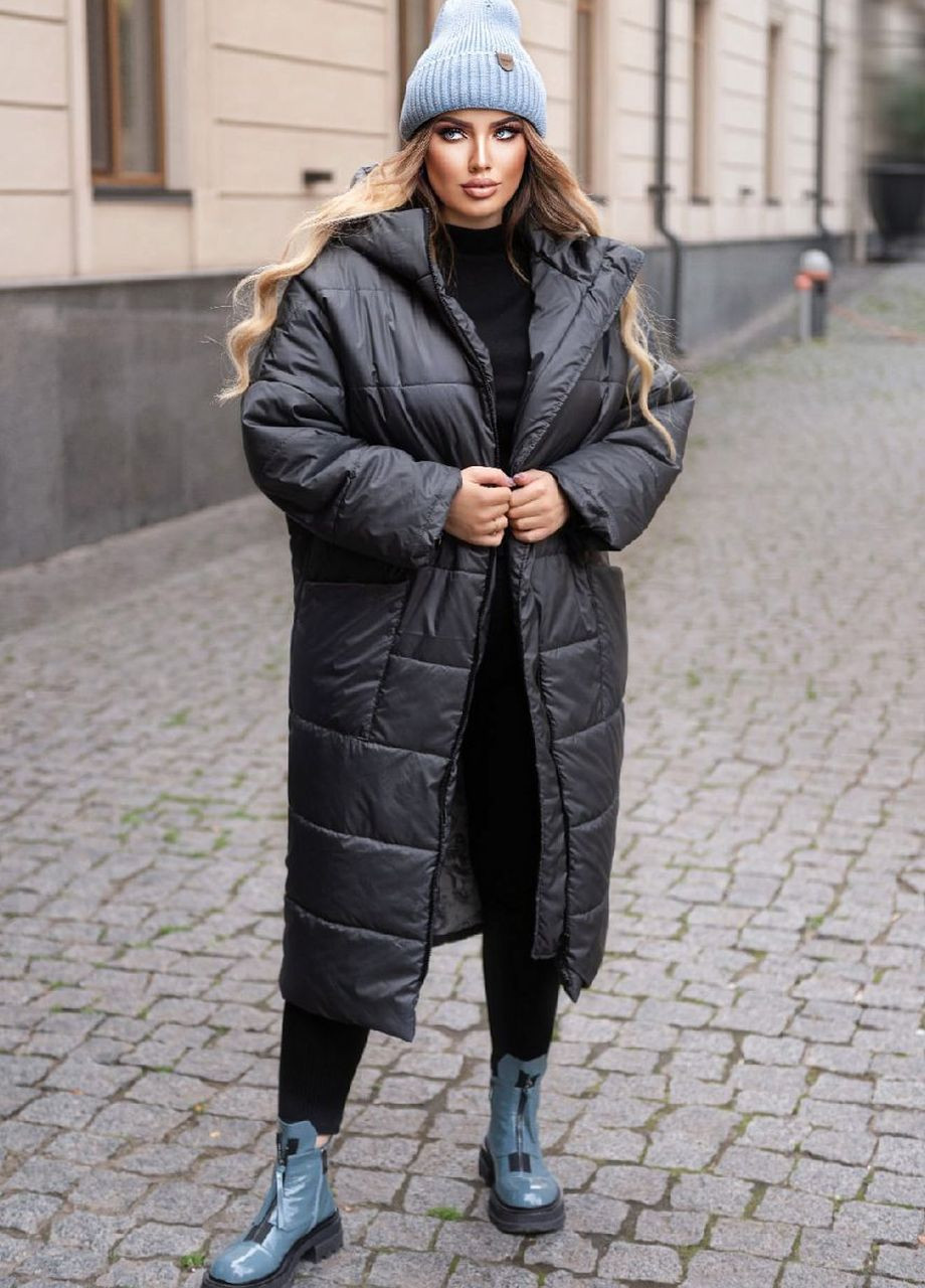 Темно-сіре зимнє Зимове жіноче пальто з капюшоном Liton