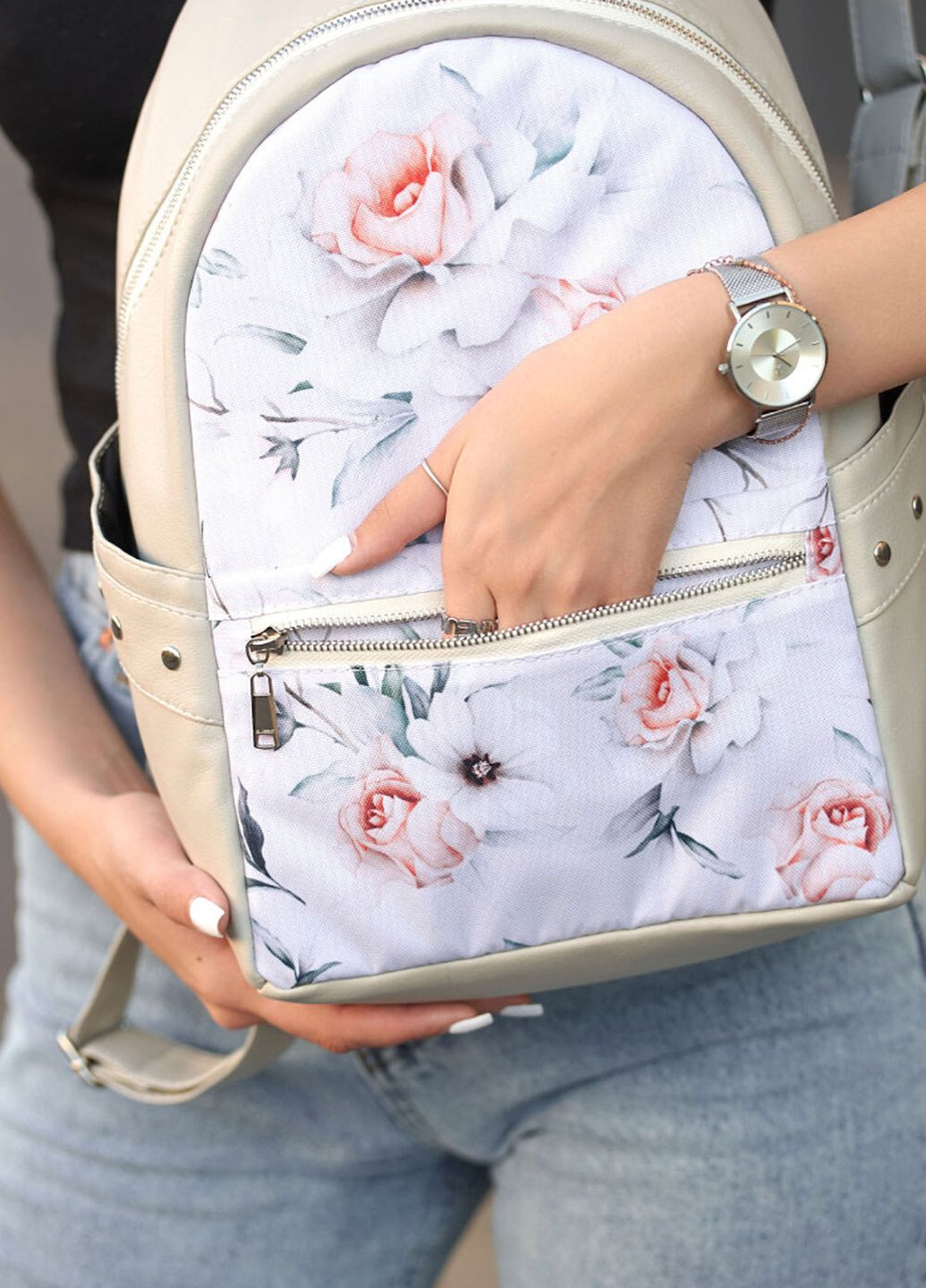 Женский рюкзак Dali с цветочным белым принтом. Sambag (266631528)