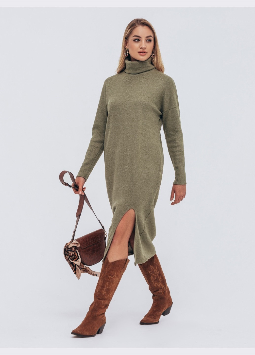 Зеленое зеленое платье-миди с воротником и разрезом Dressa