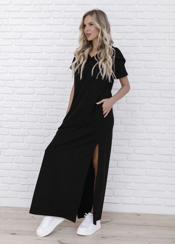 Чорна вечірня чорне трикотажне довге плаття з капюшоном ISSA PLUS однотонна