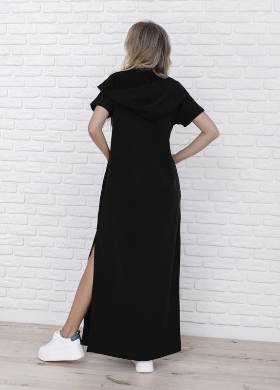Чорна вечірня чорне трикотажне довге плаття з капюшоном ISSA PLUS однотонна