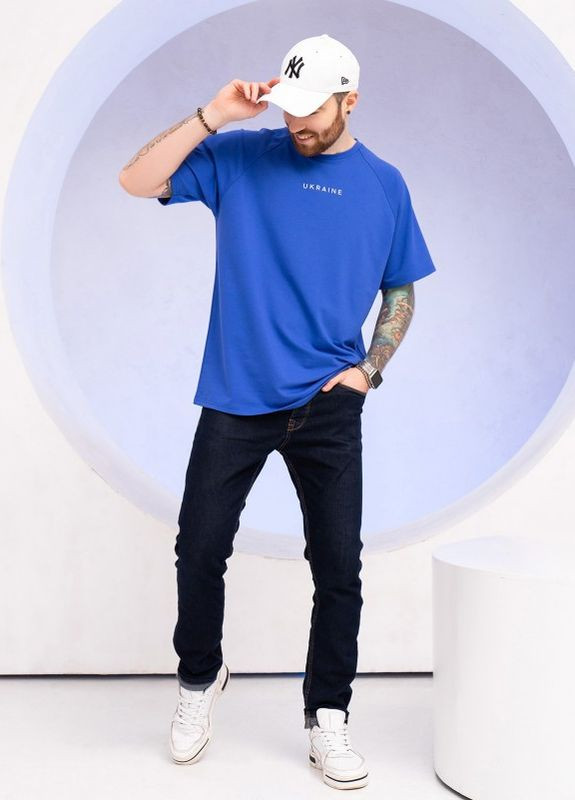 Синяя трикотажная футболка с патриотическим принтом ISSA PLUS - (266782703)