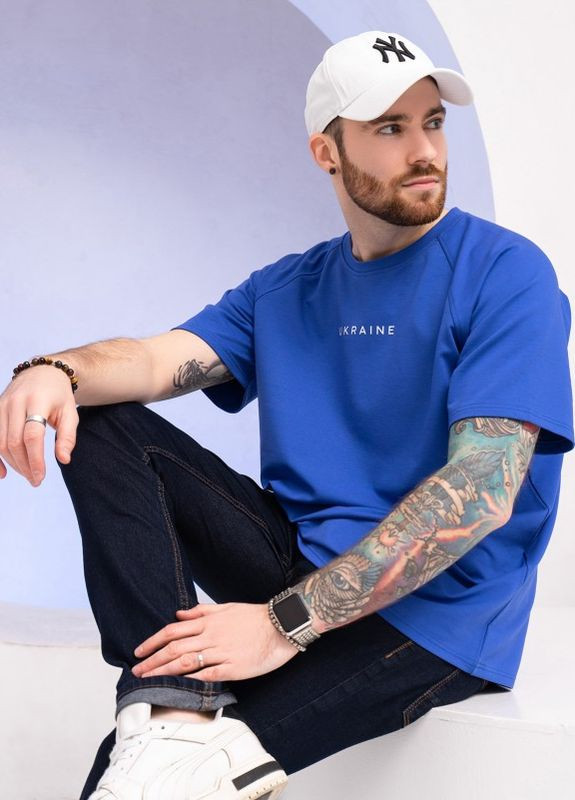 Синяя трикотажная футболка с патриотическим принтом ISSA PLUS - (266782703)