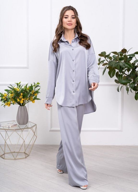 Сірий шовковий костюм у піжамному стилі ISSA PLUS (266782596)