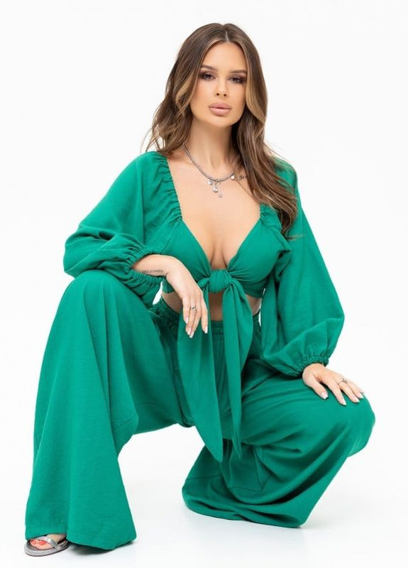 Зеленый льняной брючный костюм с топом ISSA PLUS (266782586)