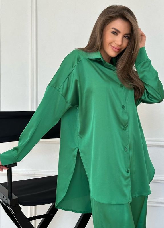 Зелений шовковий костюм у піжамному стилі ISSA PLUS (266783504)