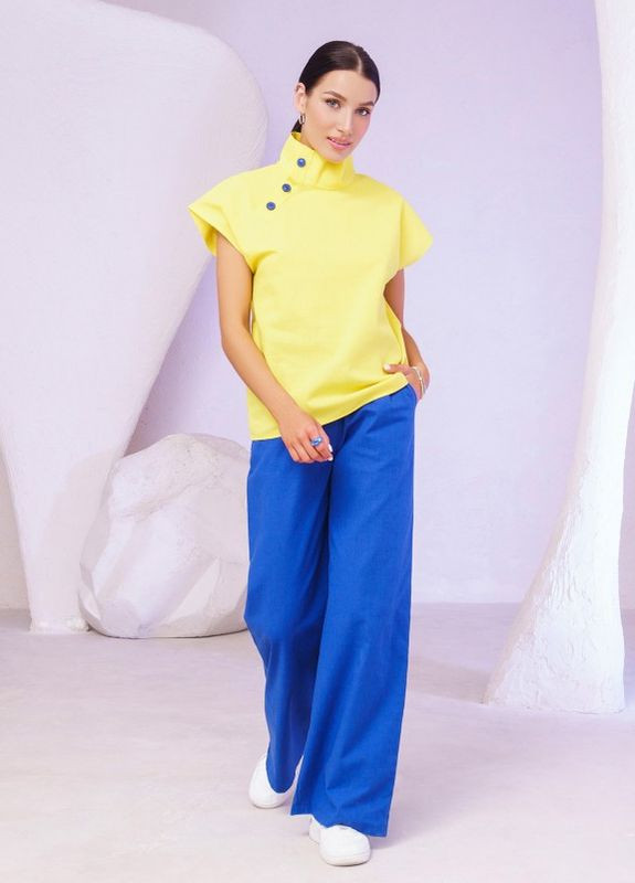Сине-желтая летняя желто-синий хлопковый брючный костюм с блузой ISSA PLUS