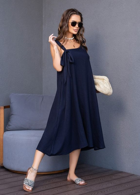 Летний женский синий сарафан с асимметричной горловиной ISSA PLUS однотонный