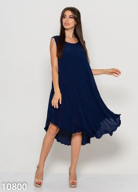 Летний женский темно-синий асимметричный сарафан с карманами ISSA PLUS однотонный