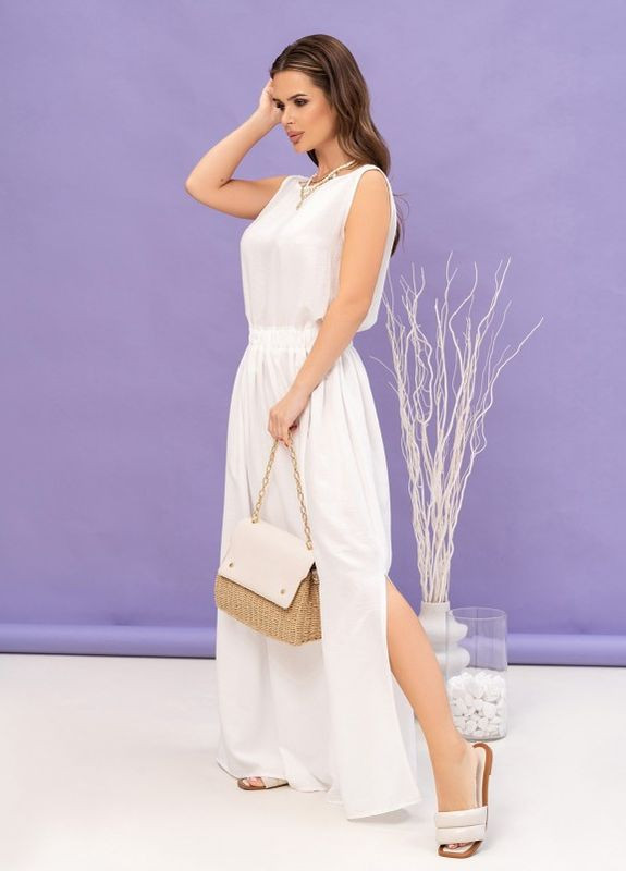 Летний женский молочный макси сарафан с разрезом ISSA PLUS однотонный