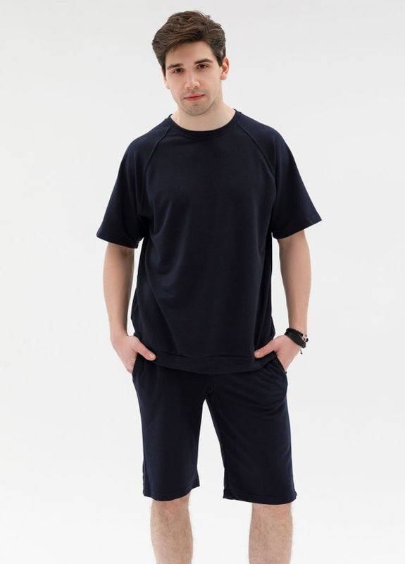 Синій трикотажний вільний костюм із шортами ISSA PLUS (266783647)