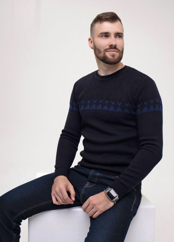 Темно-синій демісезонний темно-синій трикотажний светр з геометрією ISSA PLUS