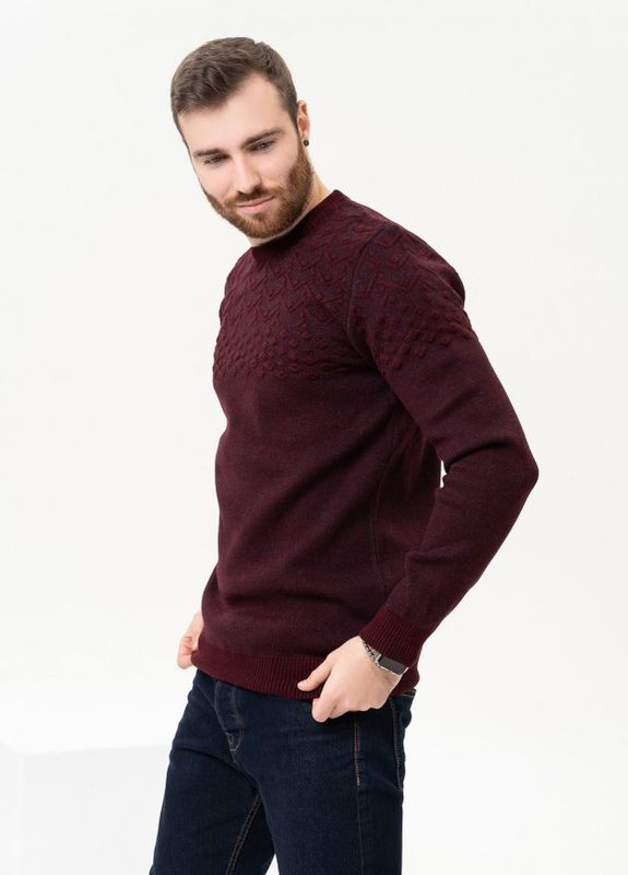 Бордовый зимний бордовый вязаный свитер с объемным декором ISSA PLUS