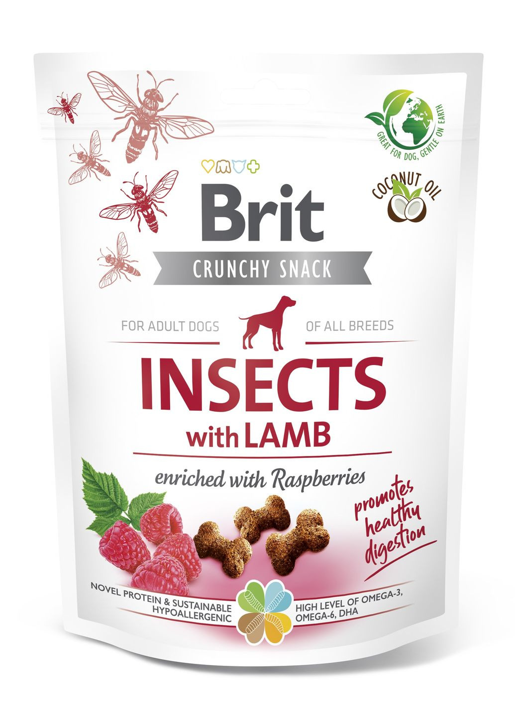 Ласощі для собак Care Dog Crunchy Cracker Insects with Lamb для травлення, комахи, ягня і малина, 200 г Brit (266900393)