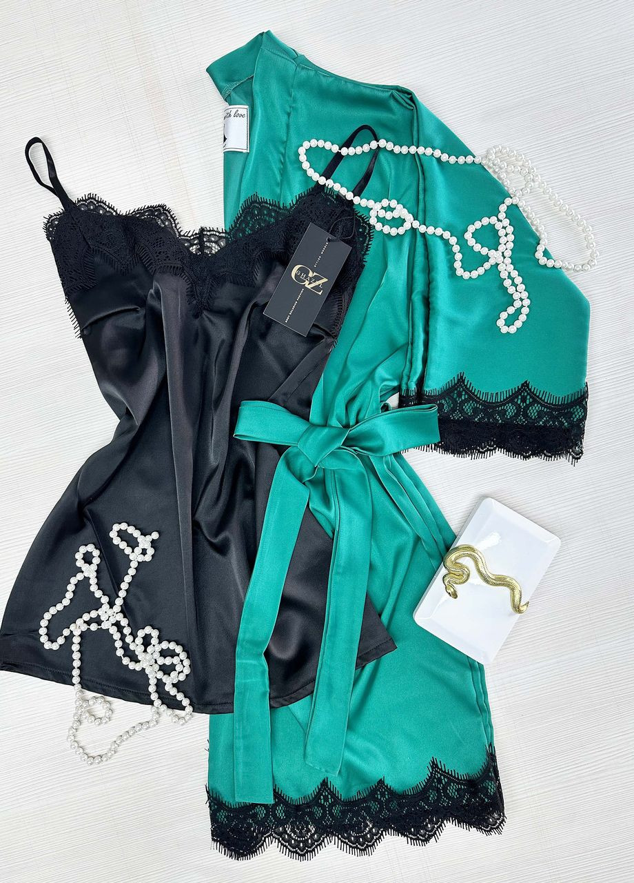 Зелена всесезон атласний халат для дому з мереживом+пеньюар атлас шовк 44 зелений (17111-160) Ghazel