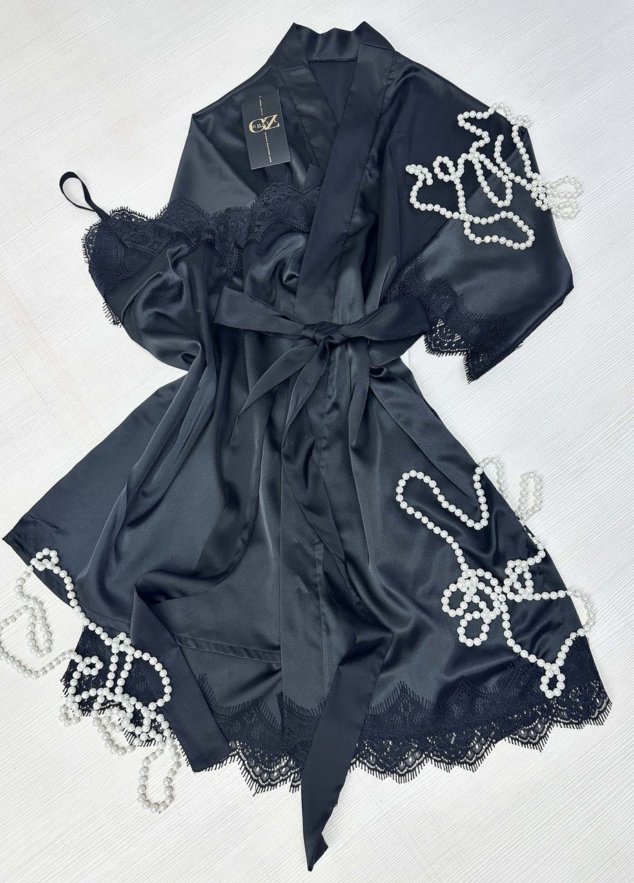 Черная всесезон атласный халат для дома с кружевом+пеньюар атлас шелк 58 черный (17111-160/88) Ghazel