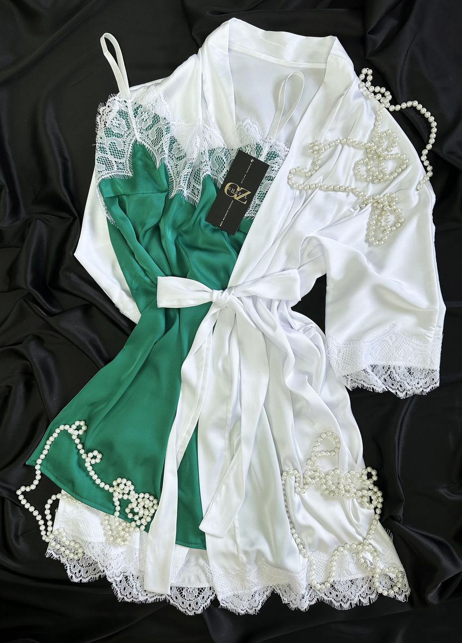 Белая всесезон атласный халат для дома с кружевом+пеньюар атлас шелк 44 белый (17111-160) Ghazel