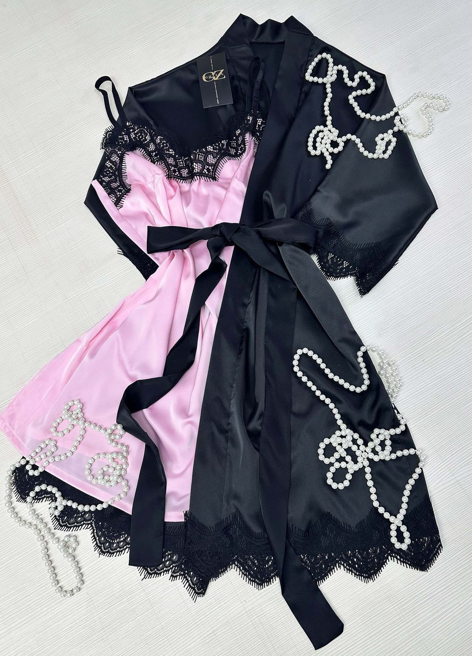 Рожева всесезон атласний халат для дому з мереживом+пеньюар атлас шовк 58 чорний_рожевий (17111-160/88) Ghazel