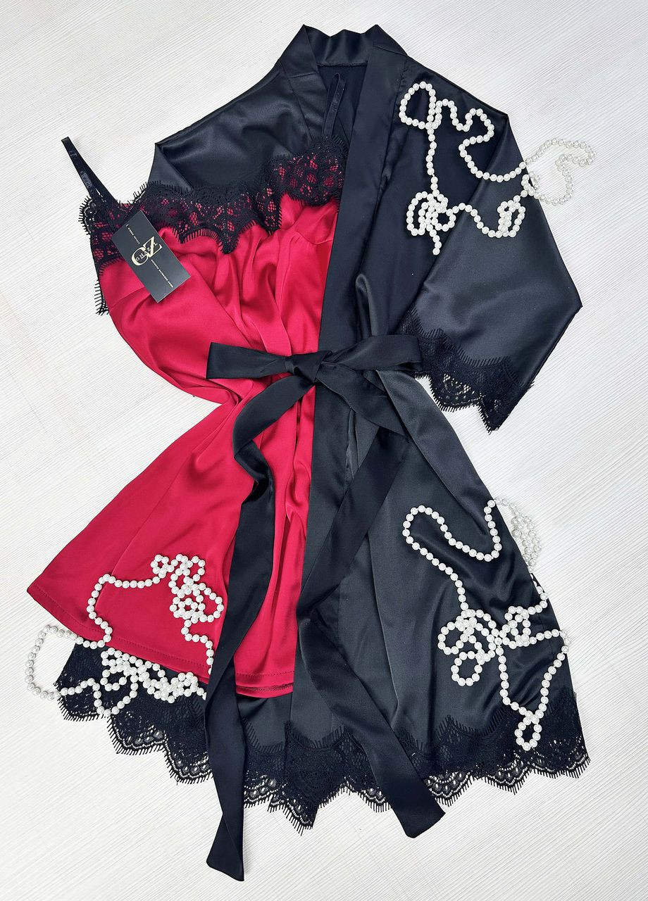 Бордова всесезон атласний халат для дому з мереживом+пеньюар атлас шовк 42 бордовий (17111-160) Ghazel