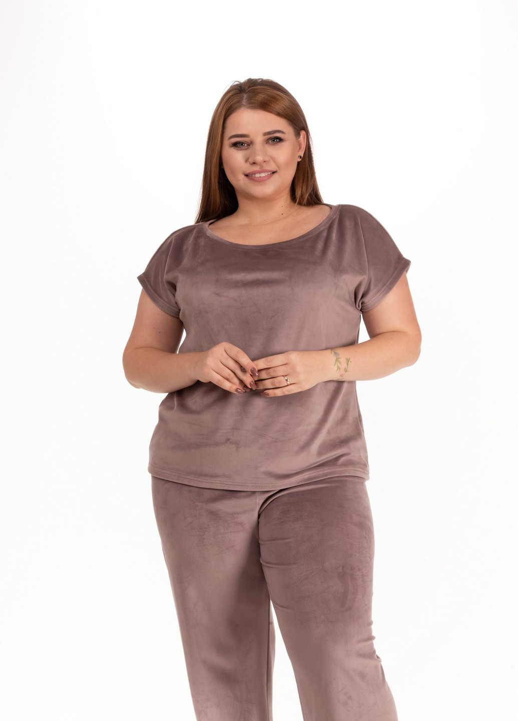 Коричнева велюровий комплект штани+ футболка великих розмірів NEL