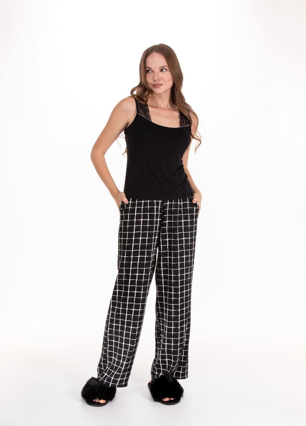 Чорна жіноча піжама з мереживом шорти + штани NEL