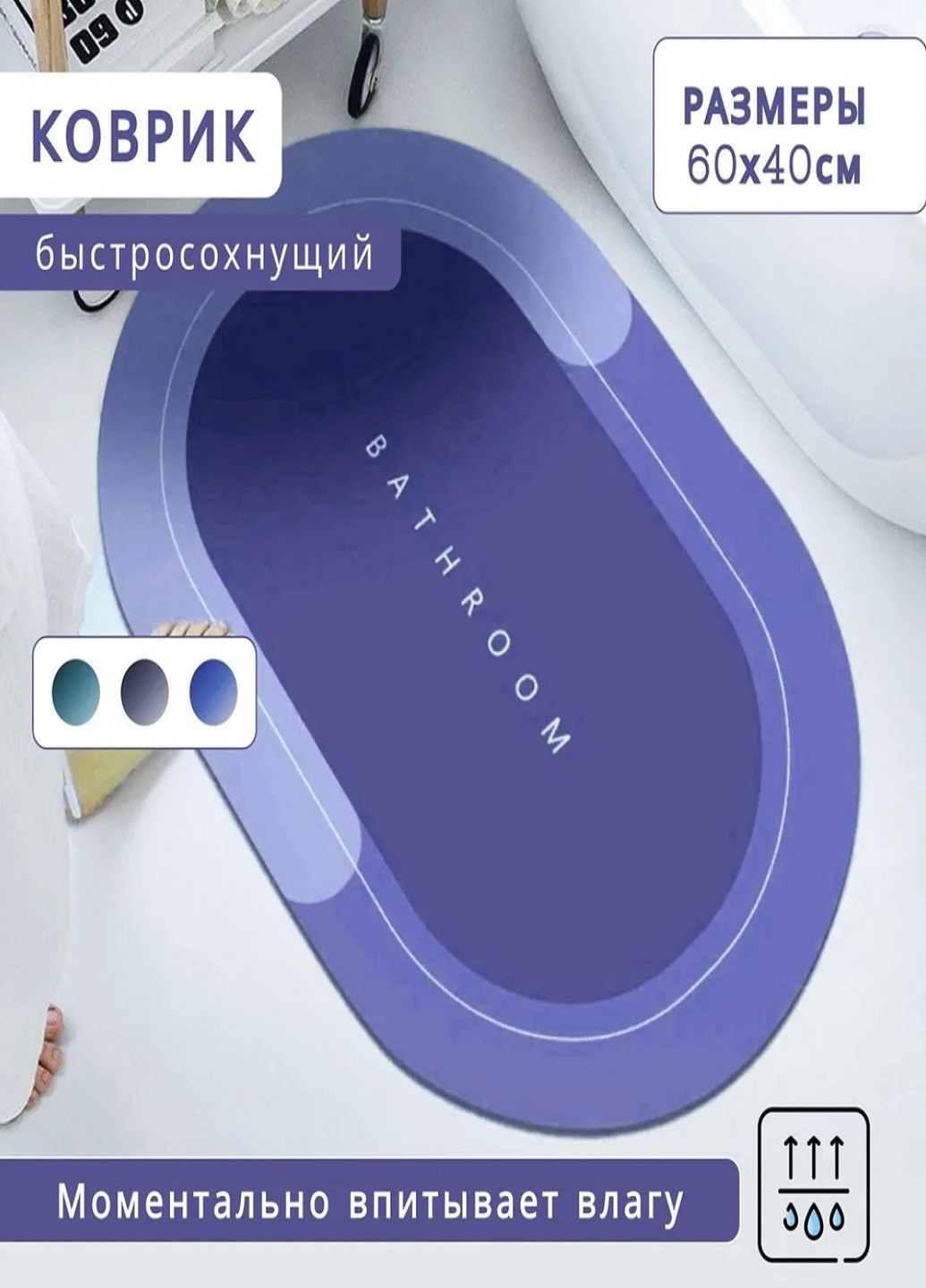 Килимок для ванної кімнати вологопоглинаючий швидковисихаючий нековзний Memos 60х40см Синій VTech (267147161)