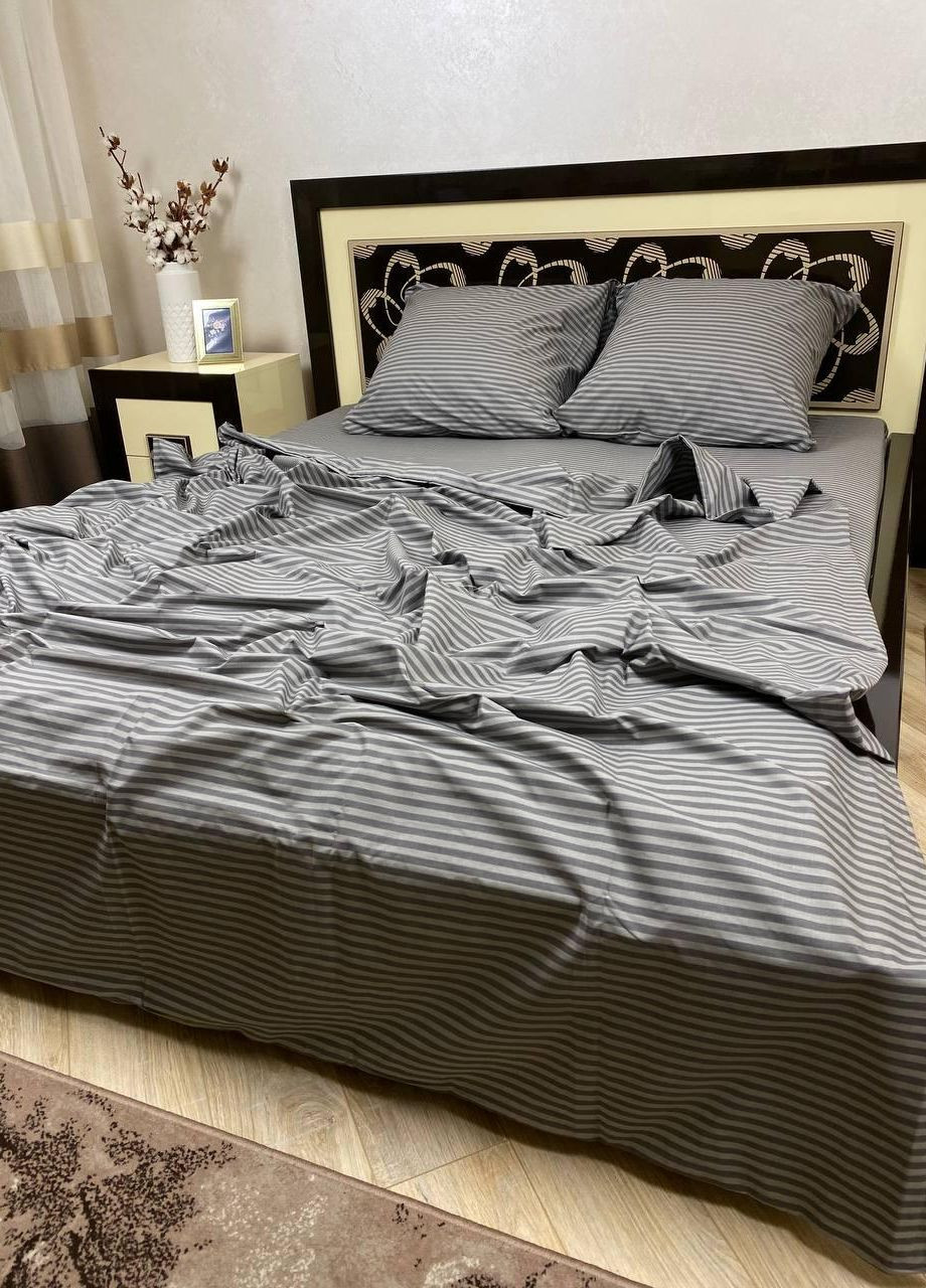 Постільна білизна бавовняна в Смужку Двоспальна 180 x 220 Бязь Сіра 50 х 70 No Brand (267229333)