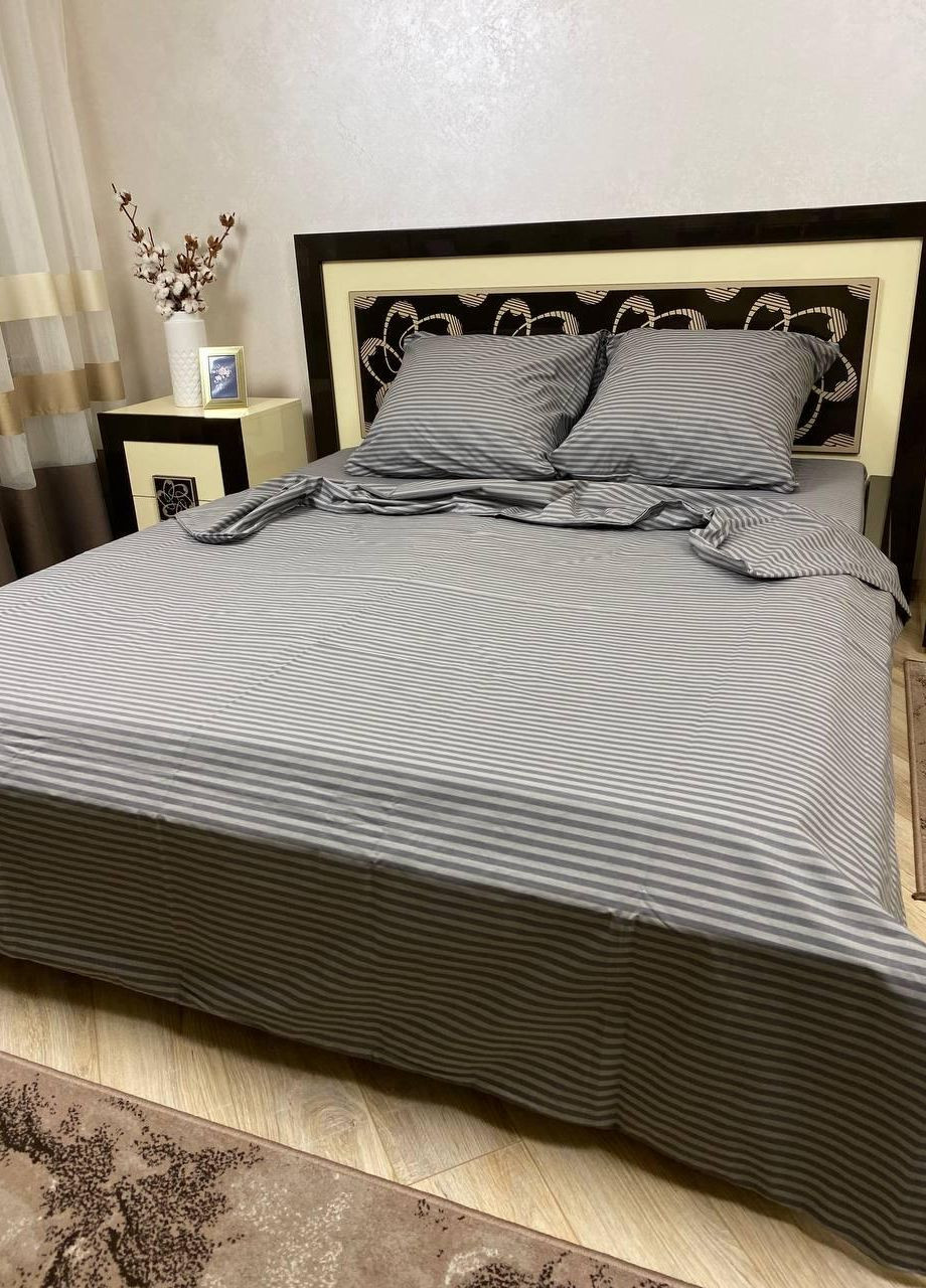 Постільна білизна бавовняна в Смужку Двоспальна 180 x 220 Бязь Сіра 50 х 70 No Brand (267229333)