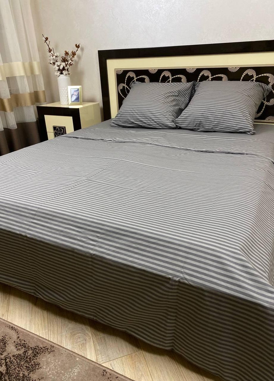 Постільна білизна бавовняна в Смужку Двоспальна 180 x 220 Бязь Сіра 50 х 70 No Brand (267229333)