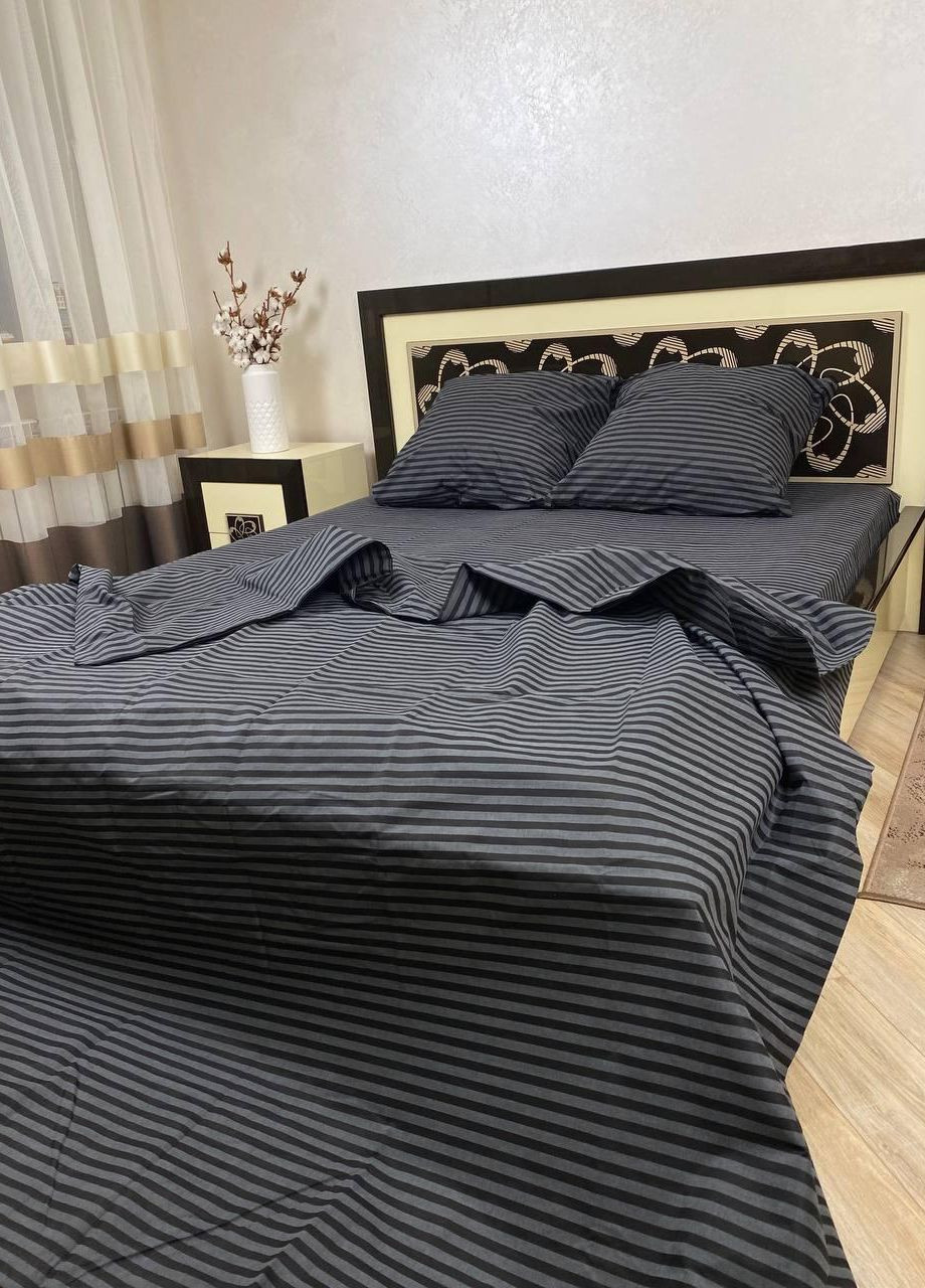 Постільна білизна бавовняна в Смужку Двоспальна 180 x 220 Бязь Сіра 70 х 70 No Brand (267229354)