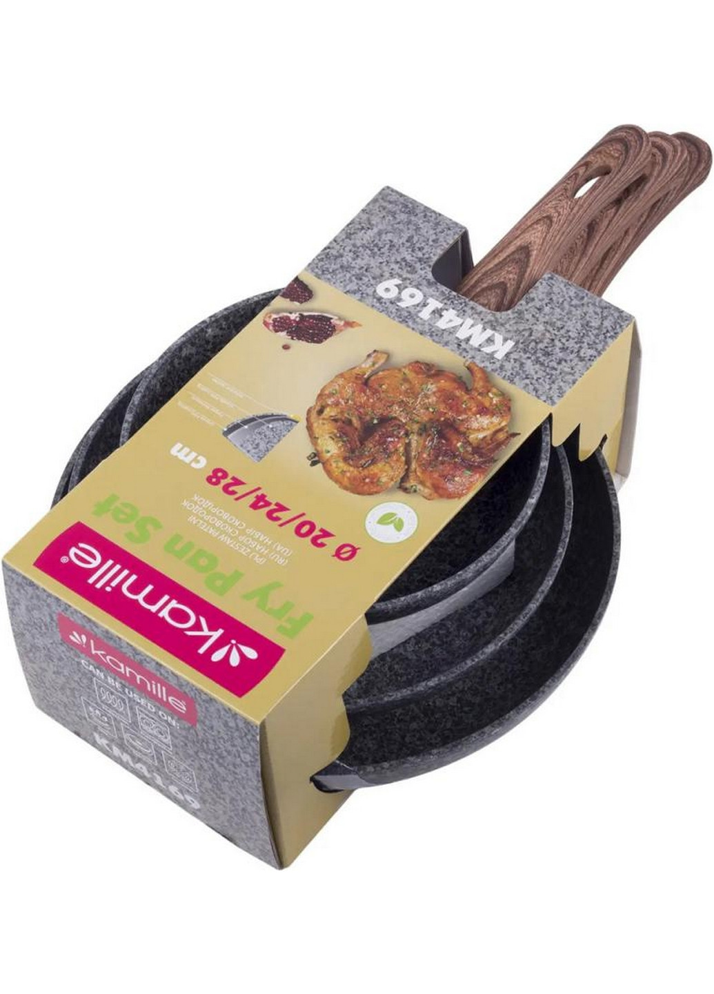 Набір 3 сковороди Grey Marble, індукційні з антипригарним покриттям Ø20х4,5 см, Ø24х5,5 см, Ø28х6,5 см Kamille (267149349)