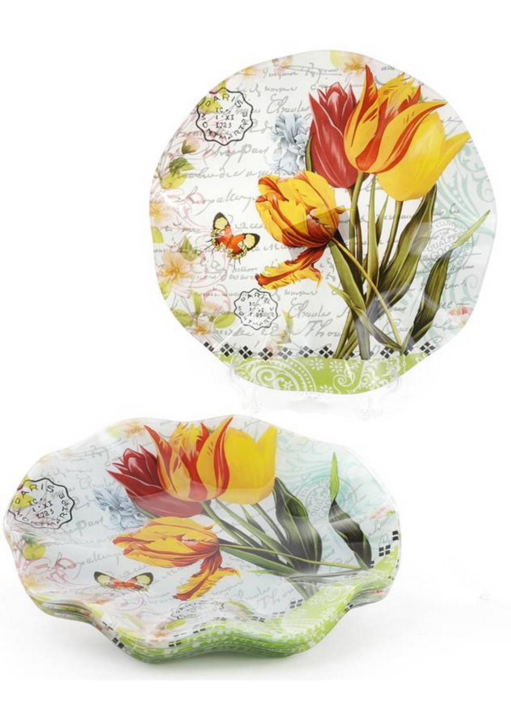 Набор 6 стеклянных тарелок "Букет тюльпанов", обеденные тарелки Ø25х2,4 см Bona (267148994)