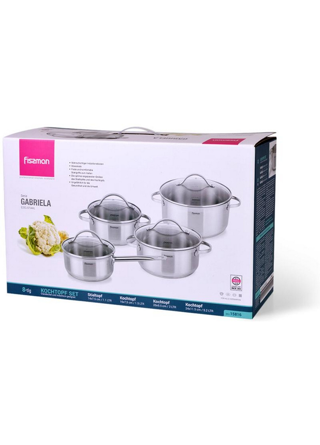 Набор кухонной посуды Gabriela, 8 предметов, из нержавеющей стали Ø16 см, Ø16 см, Ø20 см,Ø24 см Fissman (267149486)
