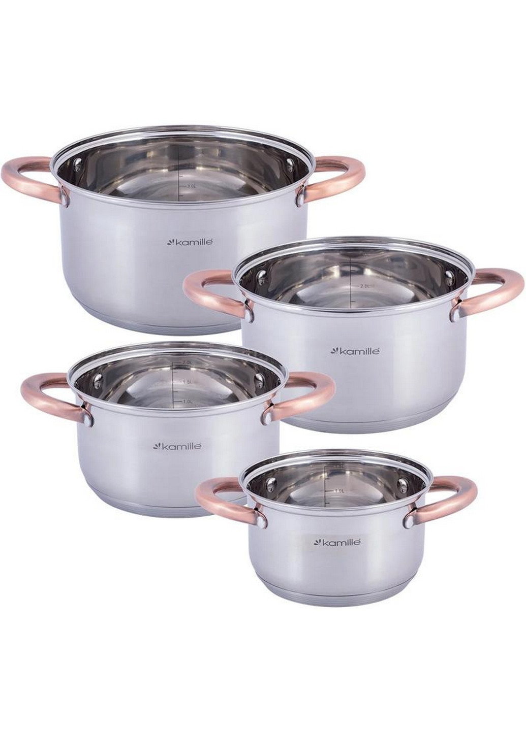 Набор 4 кастрюли Catalin из нержавеющей стали с мерной шкалой Ø16х10 см, Ø18х11 см,Ø20х12 см, Ø24х14 см Kamille (267149276)