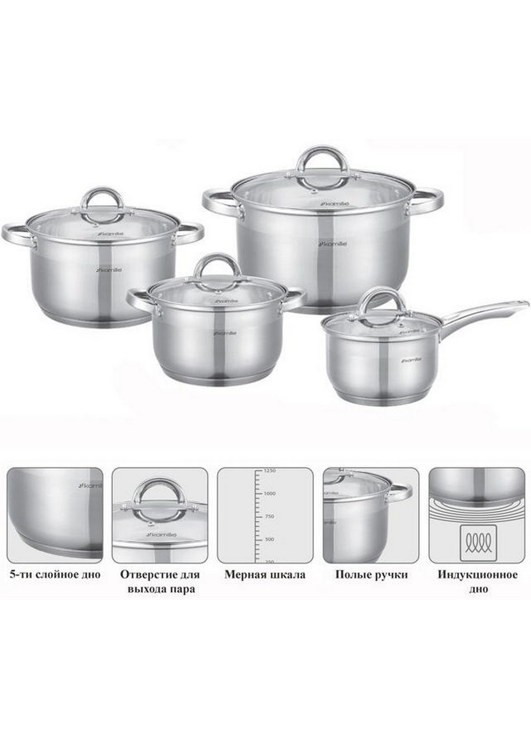 Набор посуды Glass Strip 3 кастрюли и ковш 2,9 л, 3,9 л, 6,5 л,2,1 л Kamille (267149277)