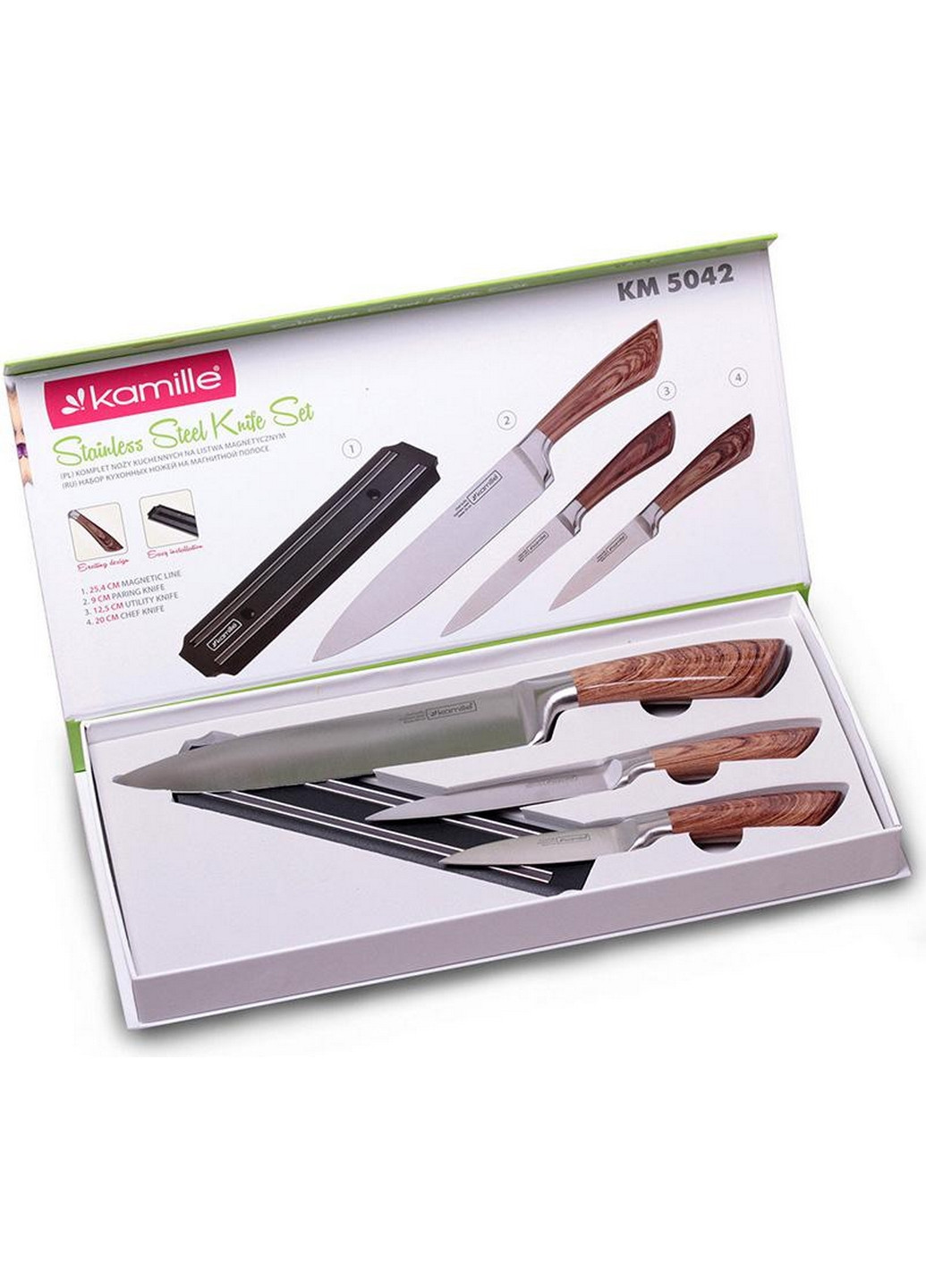 Набор 3 кухонных ножа Aubrieta на магнитной планке 20 см, 12,5 см, 9 см Kamille (267149368)