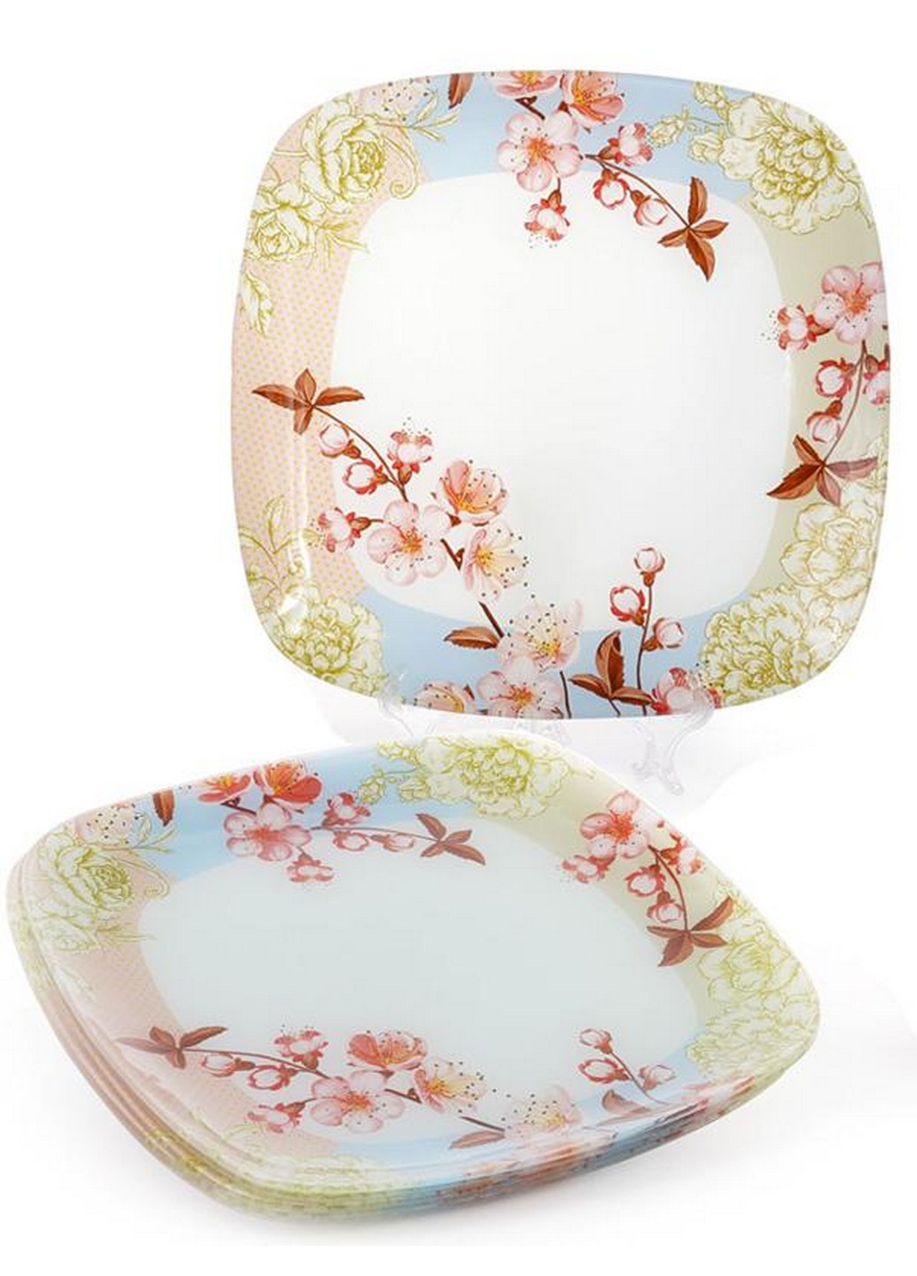 Набір 6 скляних тарілок "Вишня квітуча", обідні тарілки Ø25х2 см Bona (267149849)