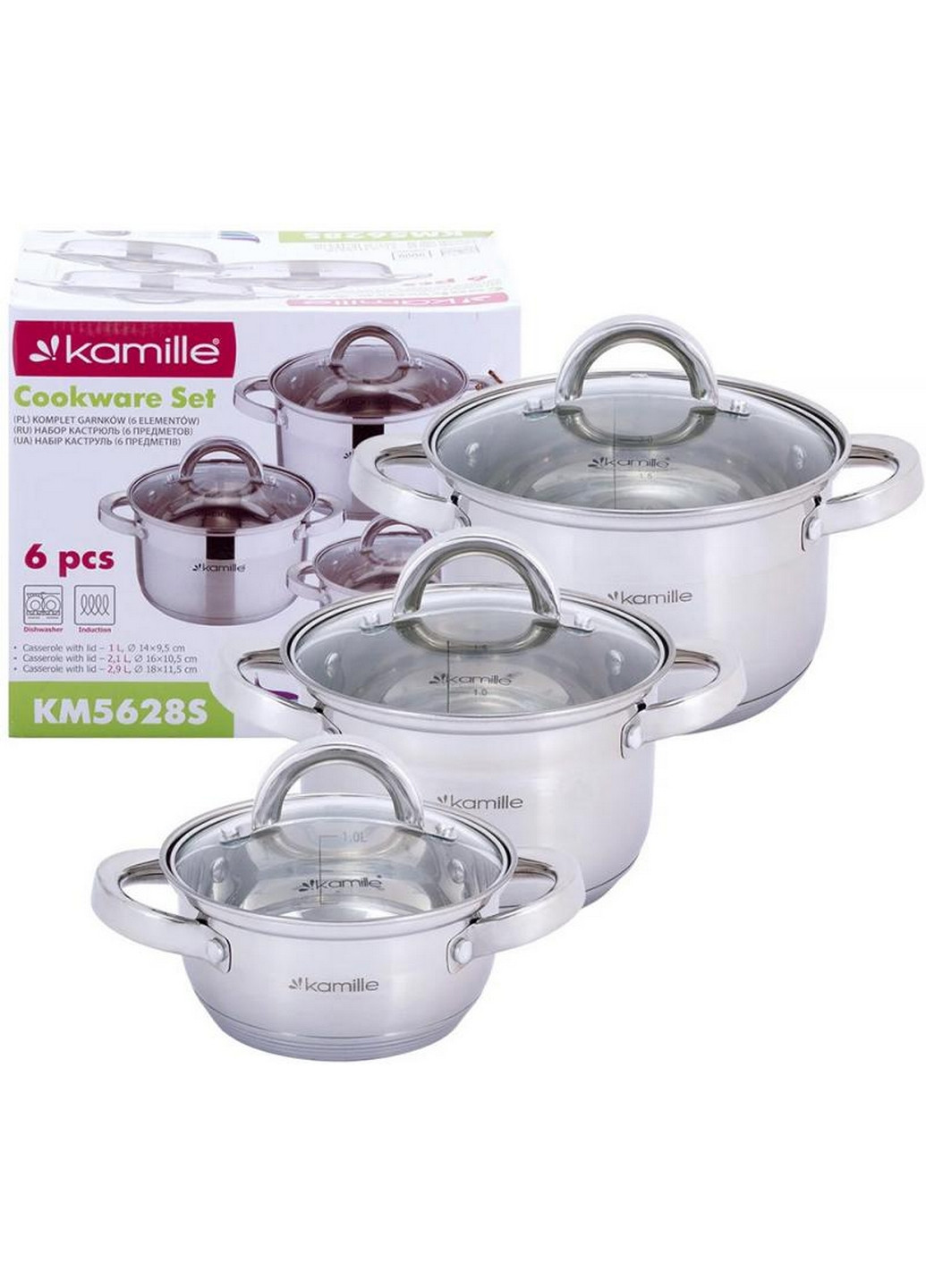 Набор 3 кастрюли Madrid из нержавеющей стали с мерной шкалой Ø14х7,5 см, Ø16х10,5 см, Ø18х11,5 см Kamille (267150101)