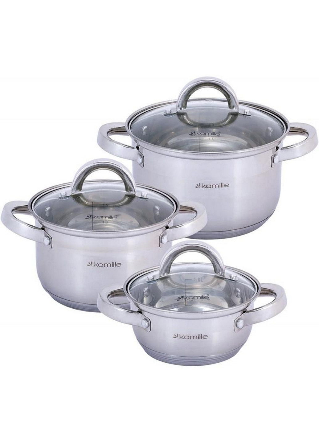 Набор 3 кастрюли Madrid из нержавеющей стали с мерной шкалой Ø14х7,5 см, Ø16х10,5 см, Ø18х11,5 см Kamille (267150101)