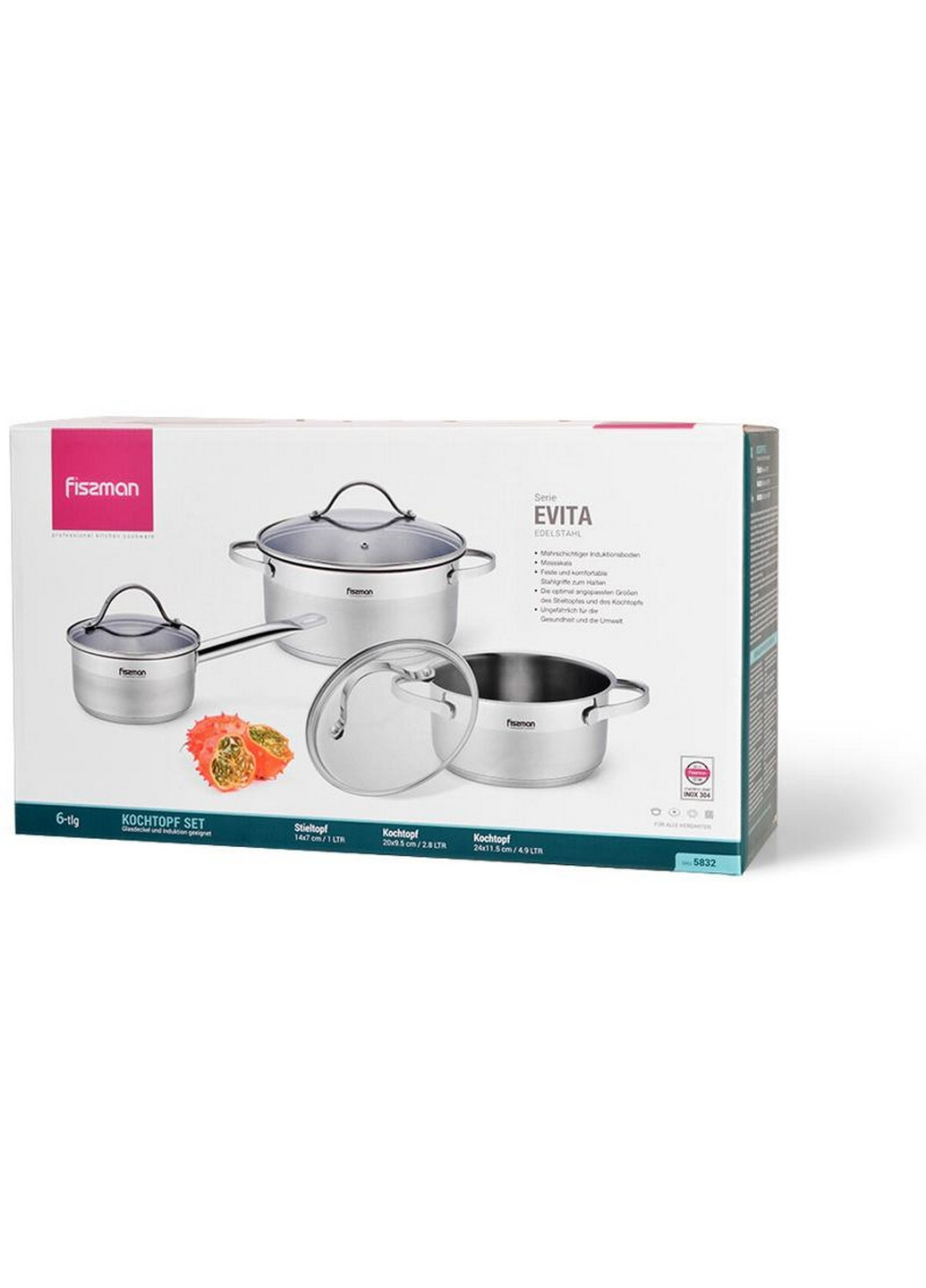 Набор кухонной посуды Evita 6 предметов, из нержавеющей стали 2 л, 3,8 л, 1,2 л Fissman (267150145)