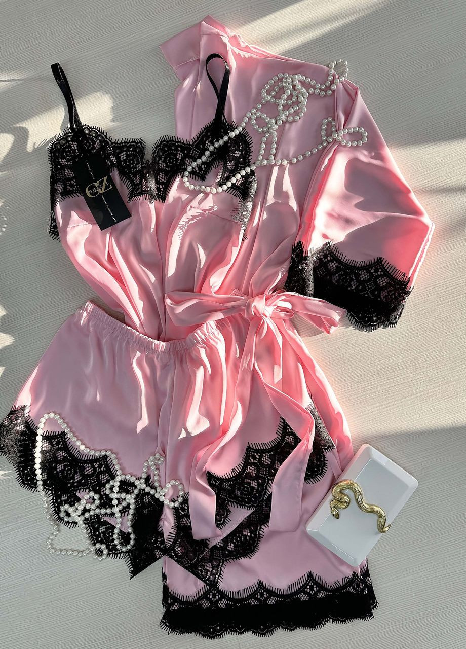 Рожева всесезон шовковий домашній комплект шортики+майка+халат шовк з мереживом трійка 48 рожевий_рожевий (17111-167/8) Ghazel