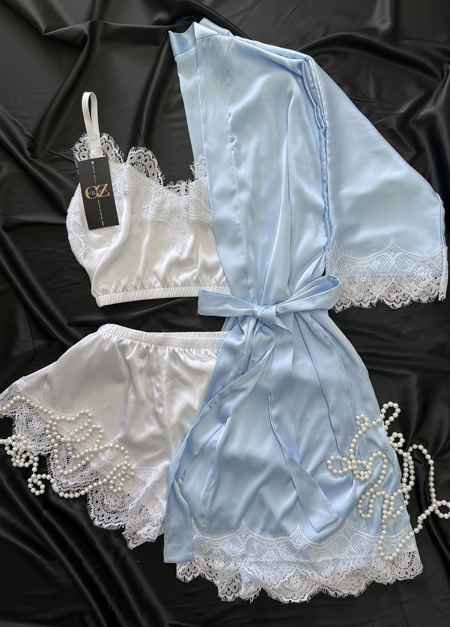 Голубая всесезон шелковый домашний комплект шортики+майка+халат шелк с кружевом тройка 46 голубой_белый (17111-167) Ghazel