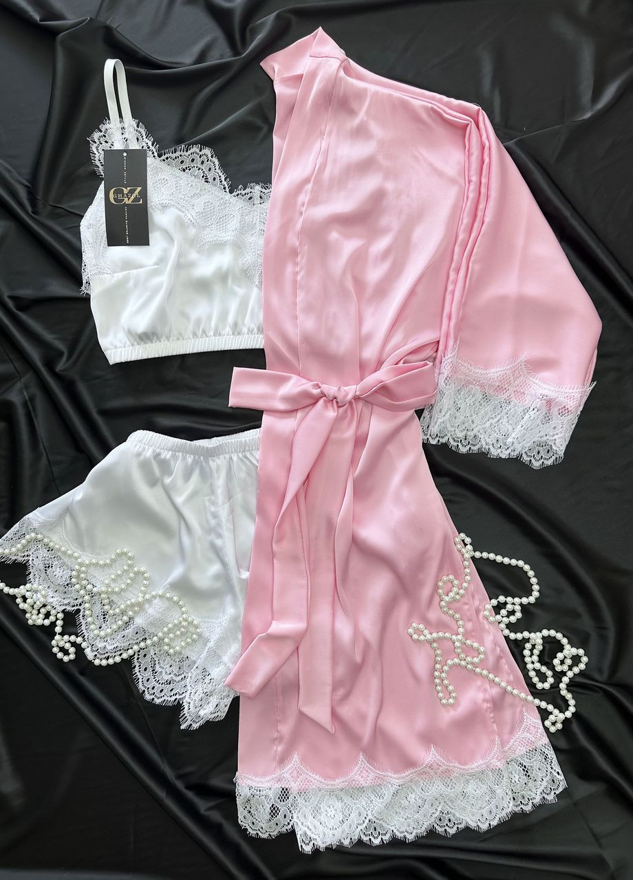 Рожева всесезон шовковий домашній комплект шортики+майка+халат шовк з мереживом трійка 50 рожевий_білий (17111-167/8) Ghazel