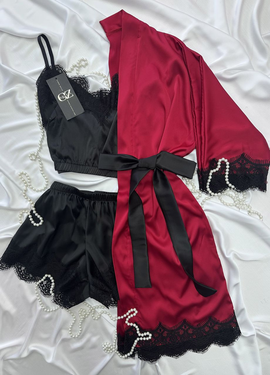 Бордова всесезон шовковий домашній комплект шортики+майка+халат шовк з мереживом трійка 48 бордовий_чорний (17111-167/8) Ghazel