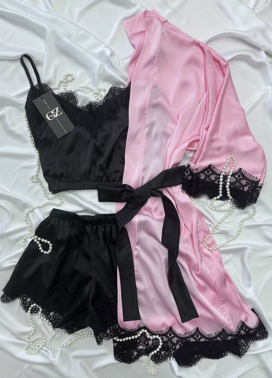 Рожева всесезон шовковий домашній комплект шортики+майка+халат шовк з мереживом трійка 46 рожевий_чорний (17111-167) Ghazel